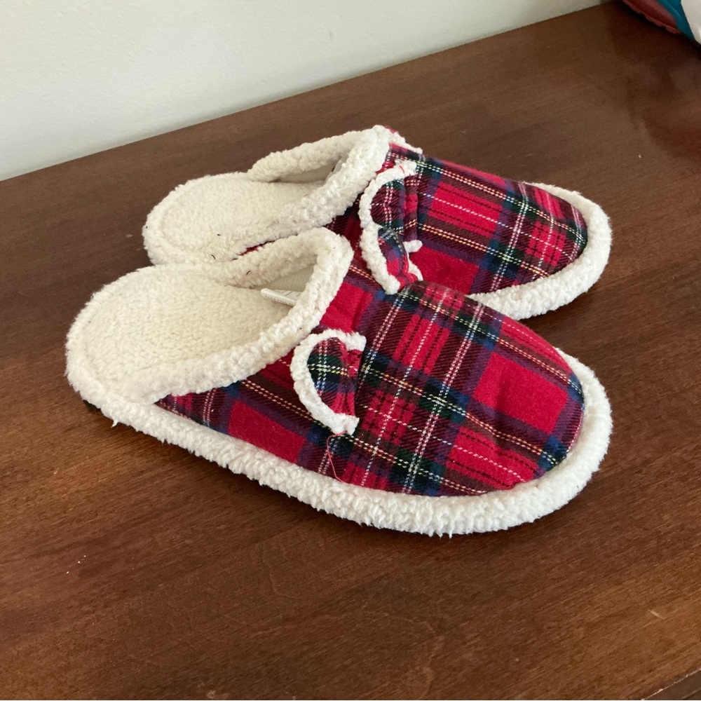 Kids Red Plaid Fleece Lined Slippers